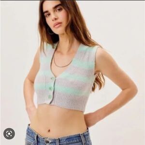 NWT For Love and Lemons Green Grey Stripe Maud Crop Knit Sweater Vest XS